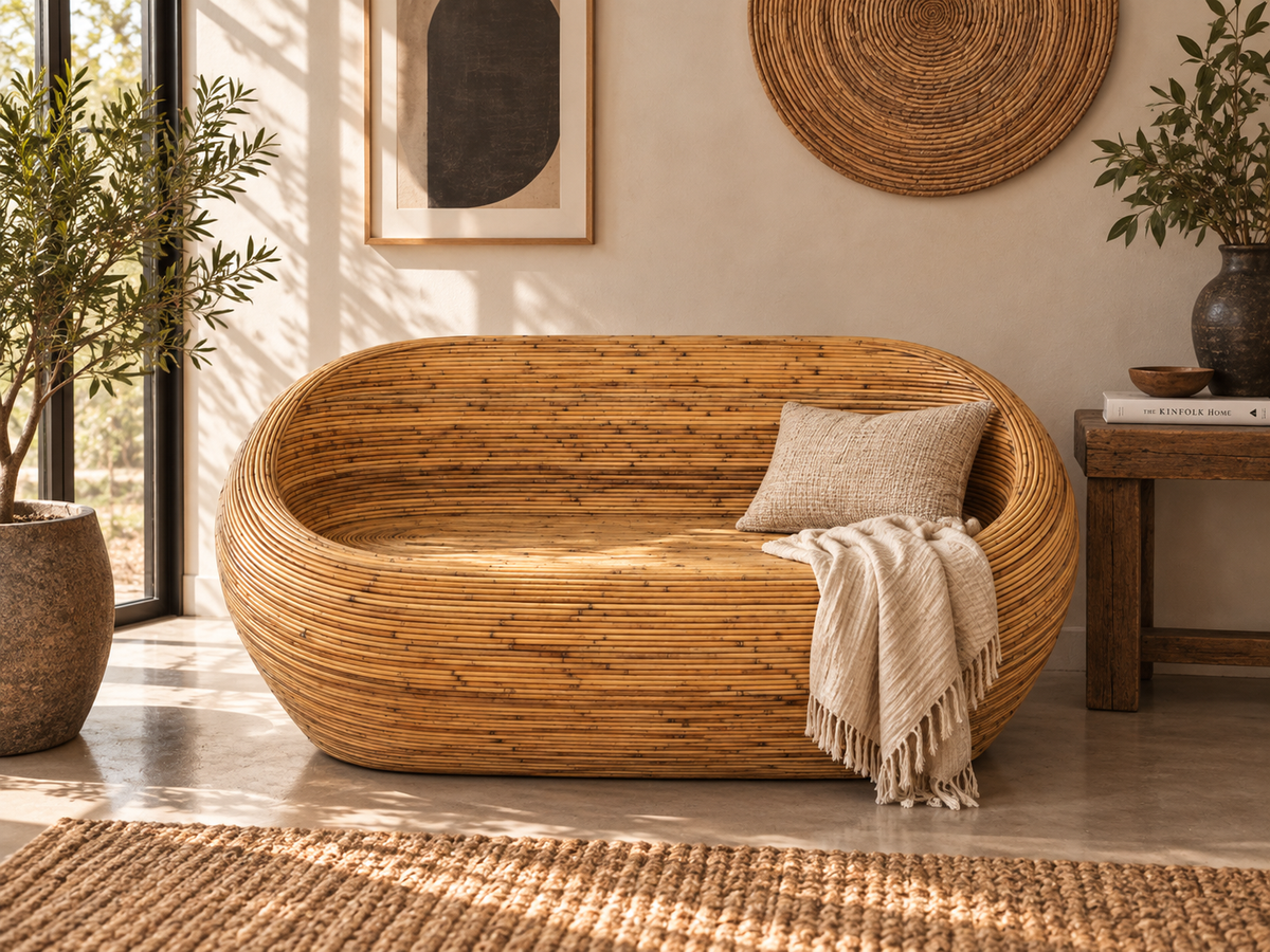 Banc ovale deux places en rotin enroulé dans un salon, coussin et jeté posés dessus