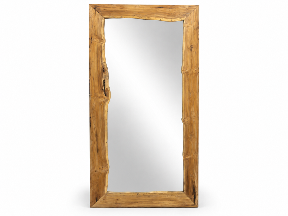 Miroir rectangulaire au cadre épais en teck, bord intérieur au contour naturel
