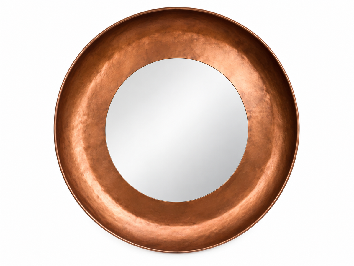 Miroir rond en métal cuivré vu de face, cadre large martelé