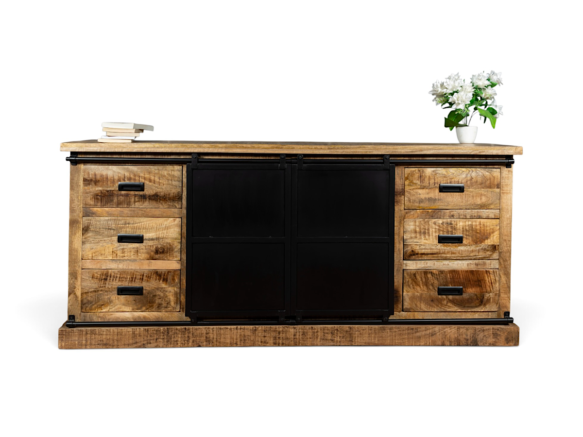 Buffet Kivi vu de face, six tiroirs en manguier et portes coulissantes noires au centre