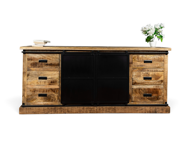 Buffet Kivi vu de face, six tiroirs en manguier et portes coulissantes noires au centre