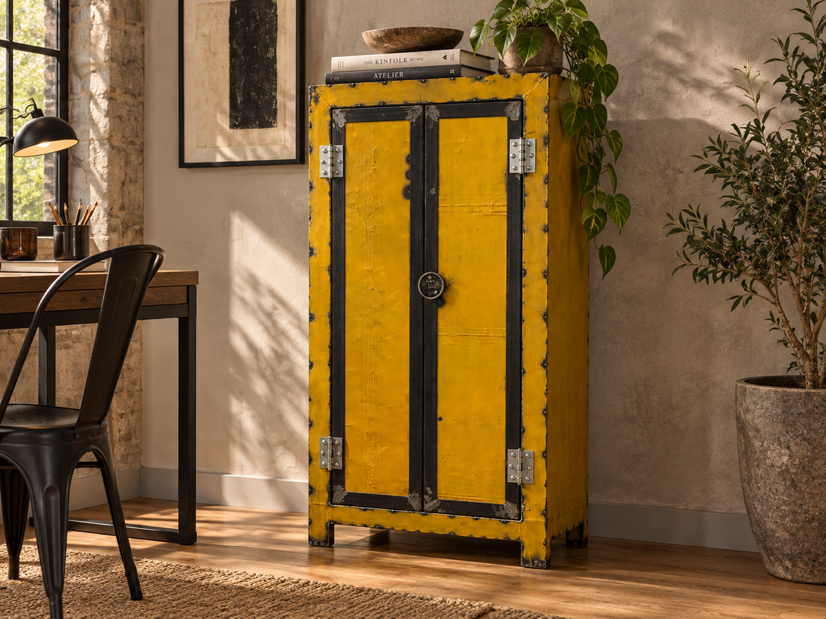 Casier en métal jaune à deux portes placé dans un coin bureau