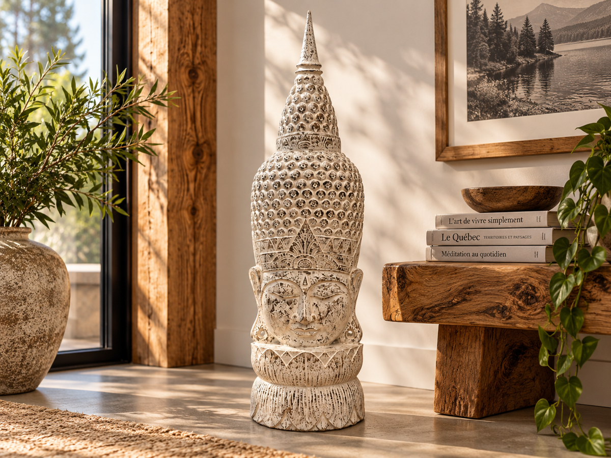 Grande tête de Bouddha en bois blanchi posée au sol, coiffe conique et socle en lotus
