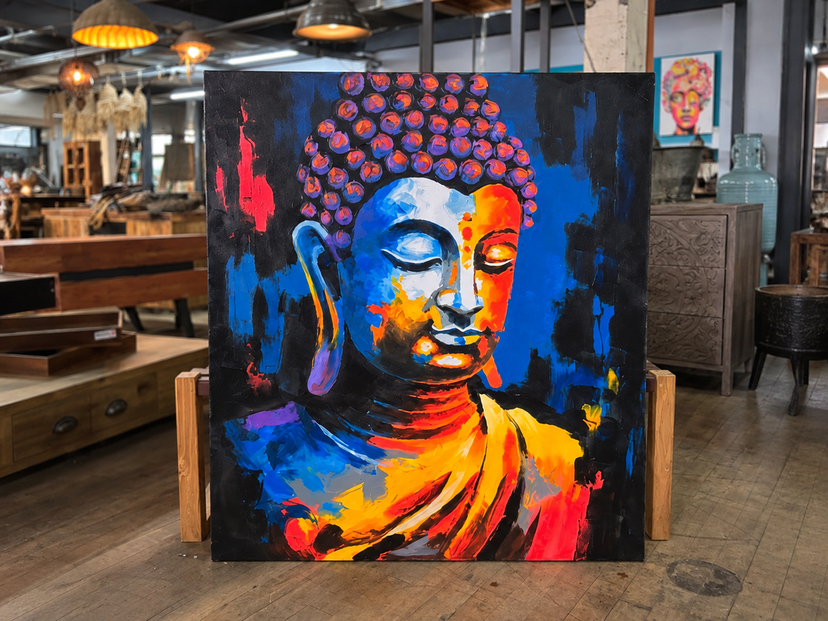 Toile peinte à la main, buste de Bouddha en bleu, orange et rouge