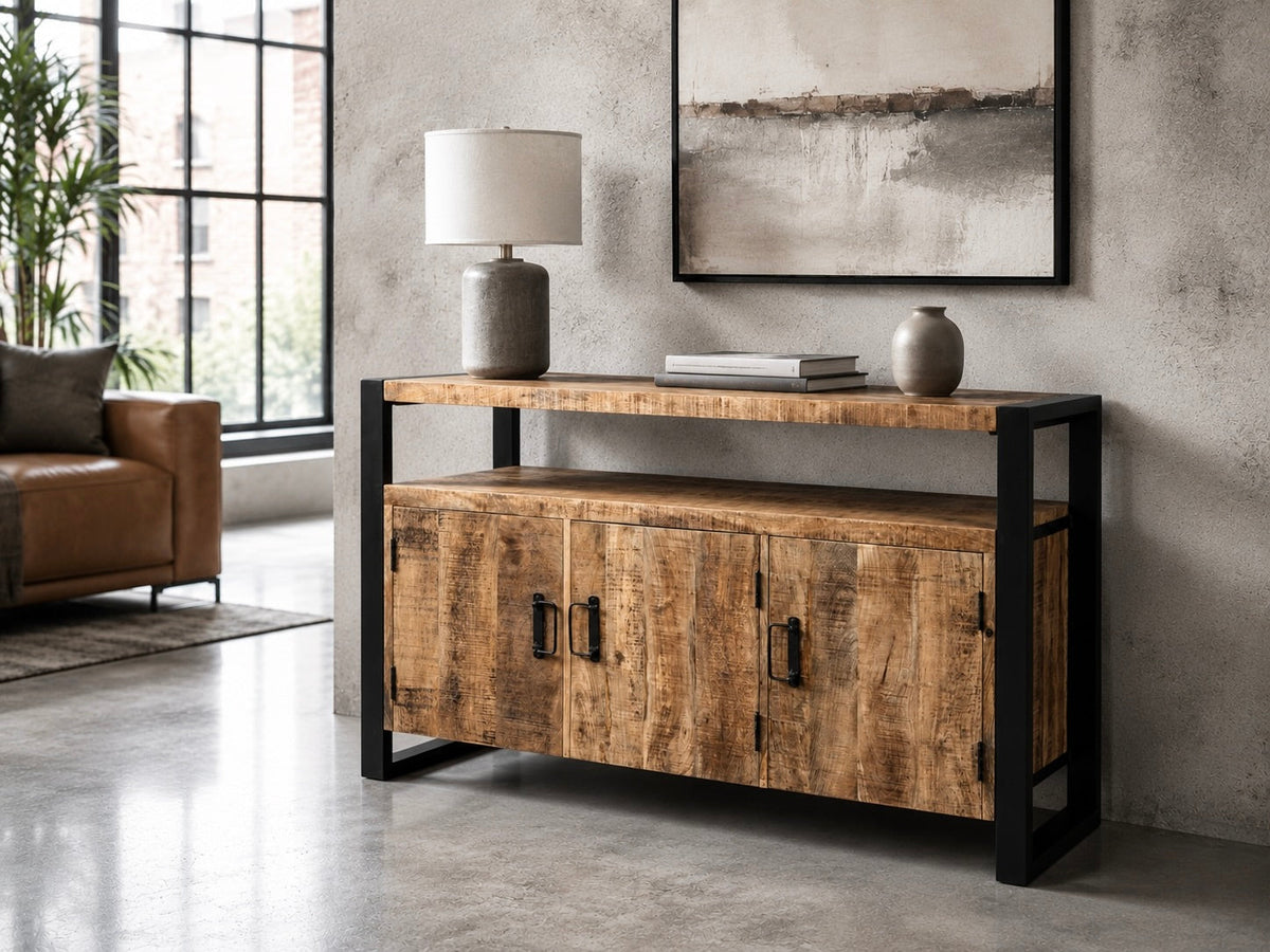 Buffet Vivana à trois portes en manguier avec tablette ouverte, dans un salon au mur de béton