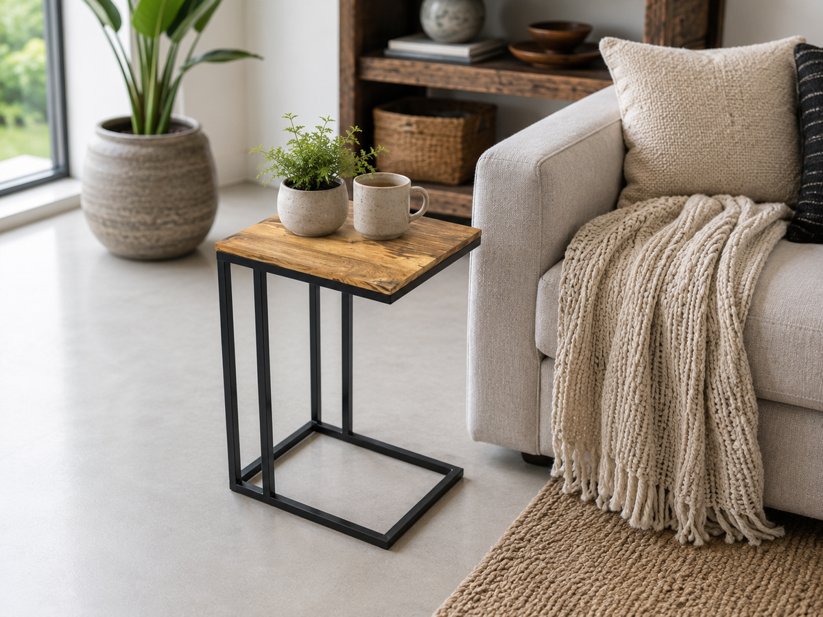 Table d'appoint en C en manguier et métal noir, glissée sous un canapé