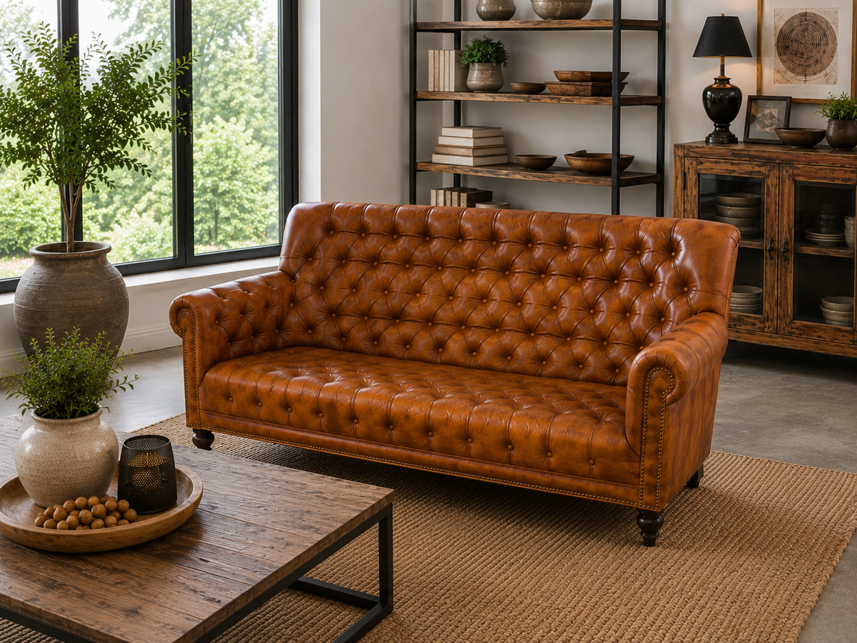 Canapé 3 places Chesterfield en cuir cognac capitonné, devant des étagères de rangement