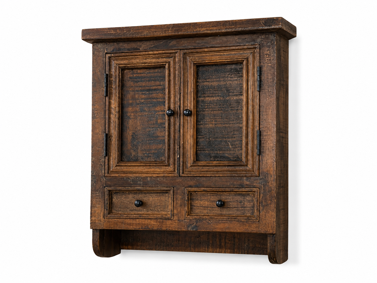 Armoire pharmacie murale en bois recyclé, deux portes à panneaux sculptés et deux tiroirs