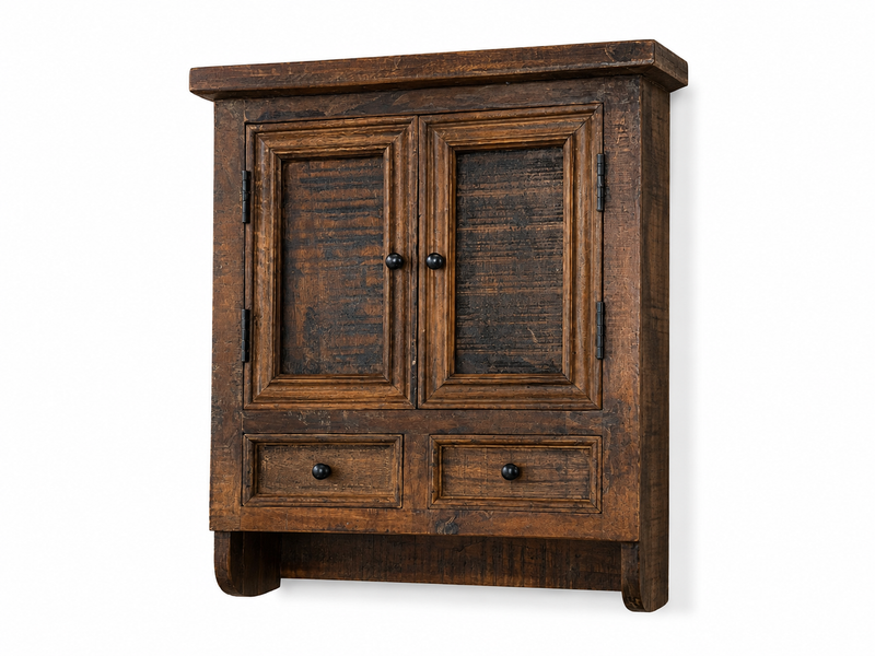 Armoire pharmacie murale en bois recyclé, deux portes à panneaux sculptés et deux tiroirs