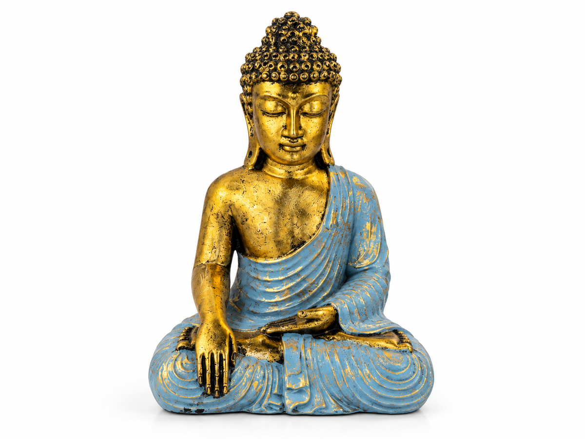 Statue de Bouddha assis en résine, drapé bleu rehaussé de doré
