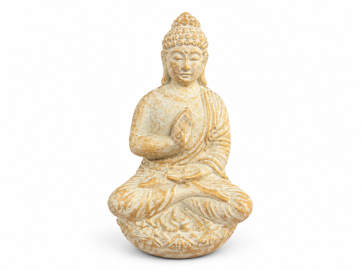 Bouddha porte-encens en ciment beige au fini vieilli, assis sur un socle en lotus