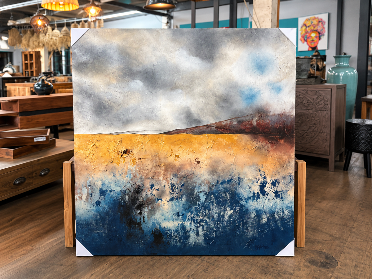 Toile abstraite peinte à la main, horizon en bleu, ocre et gris