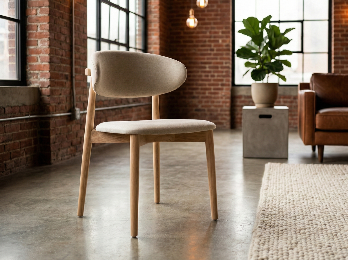 Chaise en teck et tissu beige dans un loft aux murs de brique