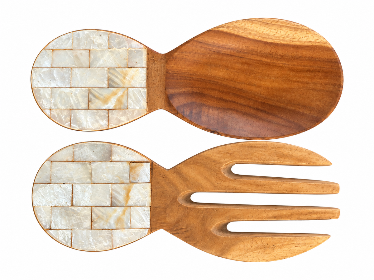Cuillère et fourchette de service en bois, manches incrustés de carreaux de nacre
