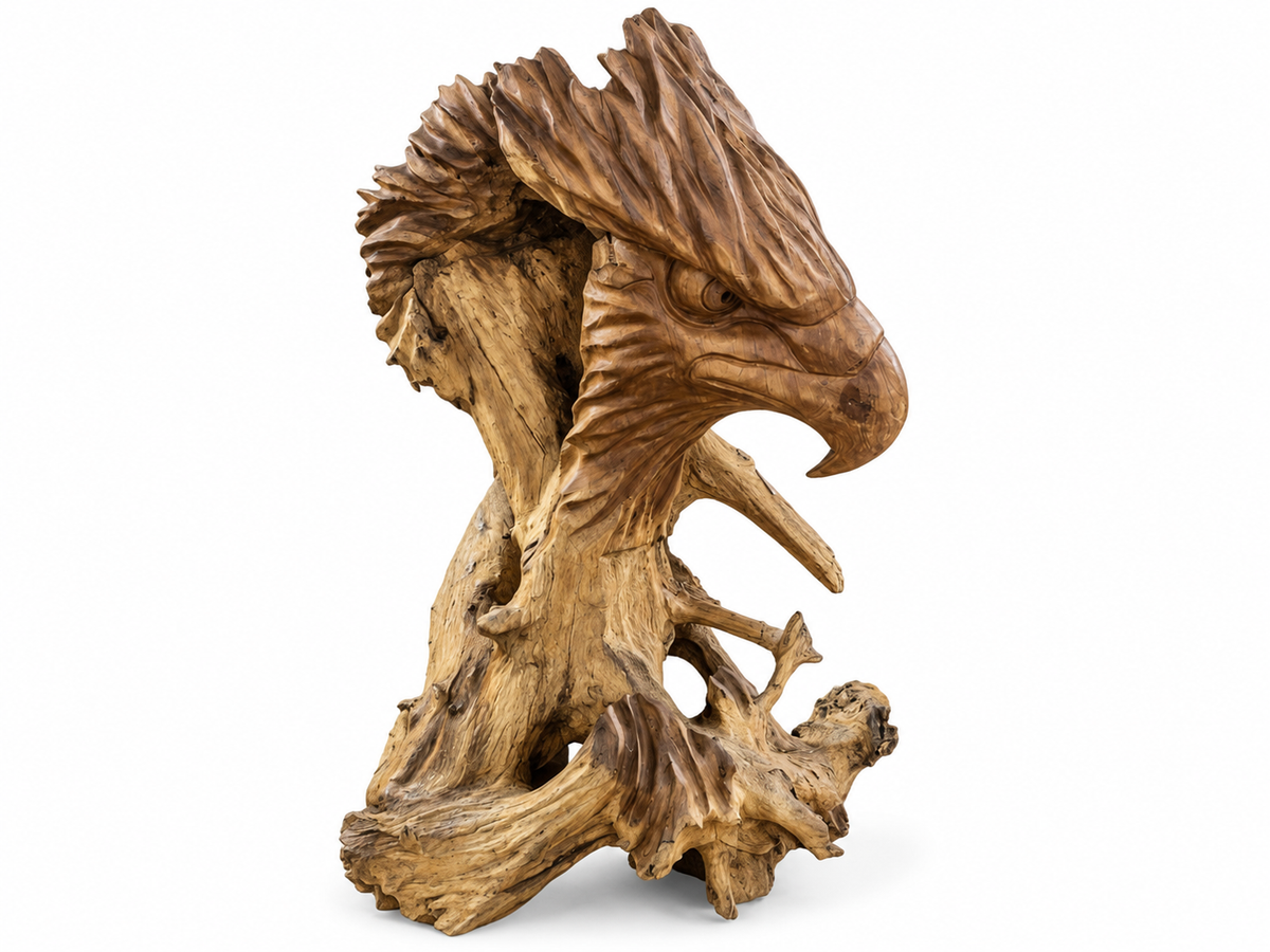 Tête d'aigle sculptée dans une racine de bois, plumage de la nuque en relief