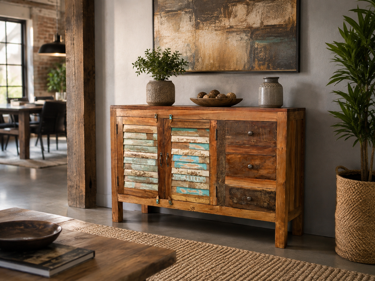 Buffet Parlily en bois recyclé, portes en lattes peintes bleu et crème, dans une salle à manger rustique