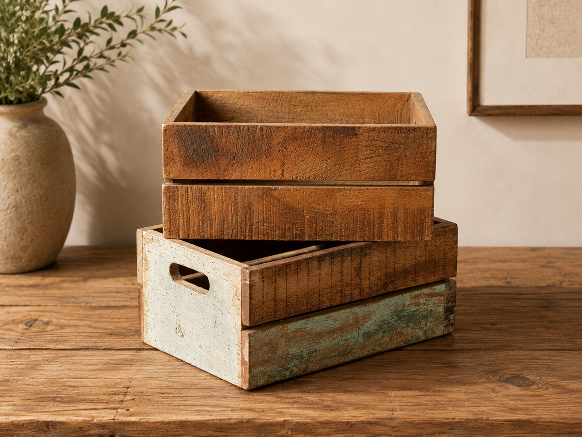 Deux boîtes en bois recyclé empilées, une naturelle et une peinte, sur une table