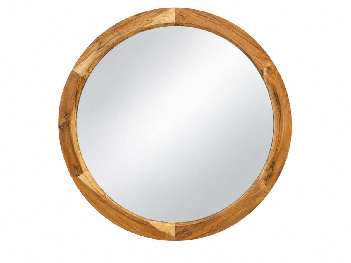 Miroir rond au cadre en teck assemblé par segments, vu de face
