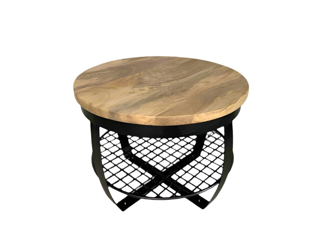 Table à café ronde en manguier vue de face, base en cage métallique noire