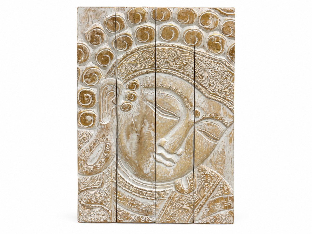 Panneau mural Bouddha au fini blanchi, boucles dorées, quatre planches assemblées
