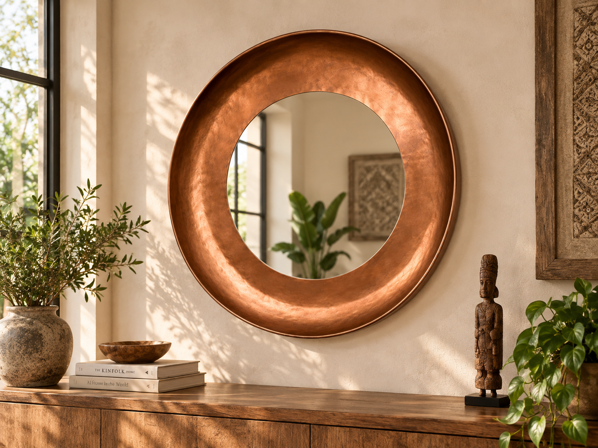 Grand miroir rond au cadre en métal cuivré martelé, au-dessus d'une console