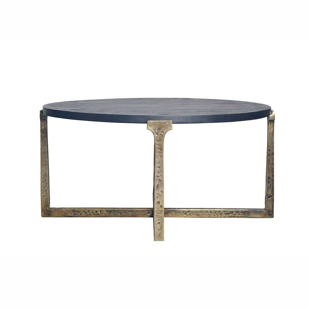 Table à café Suiko vue de trois quarts, piétement en métal bronze