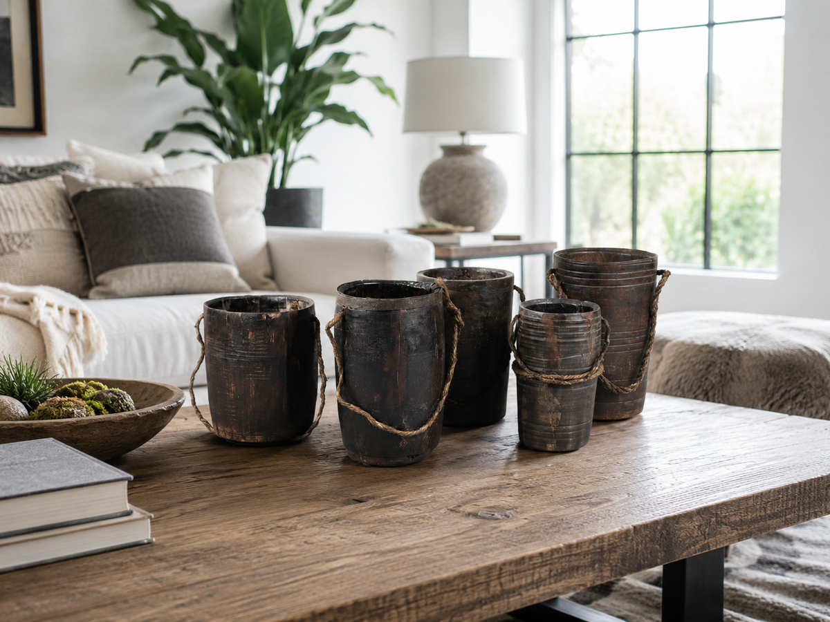 Vases en bois recyclé à anses de corde alignés sur une table de salle à manger