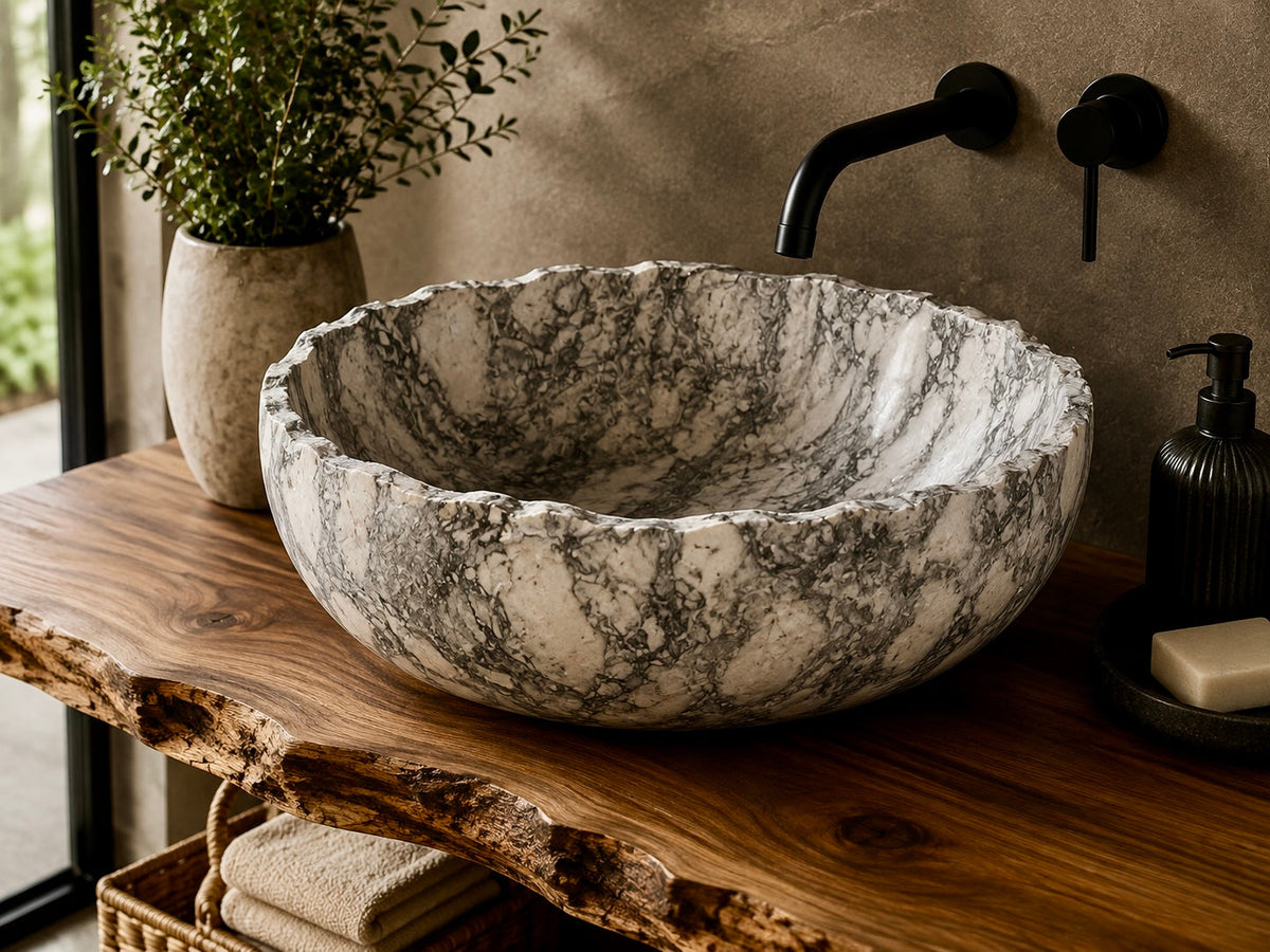 Lavabo à poser en pierre ou marbre — vue de dessus
