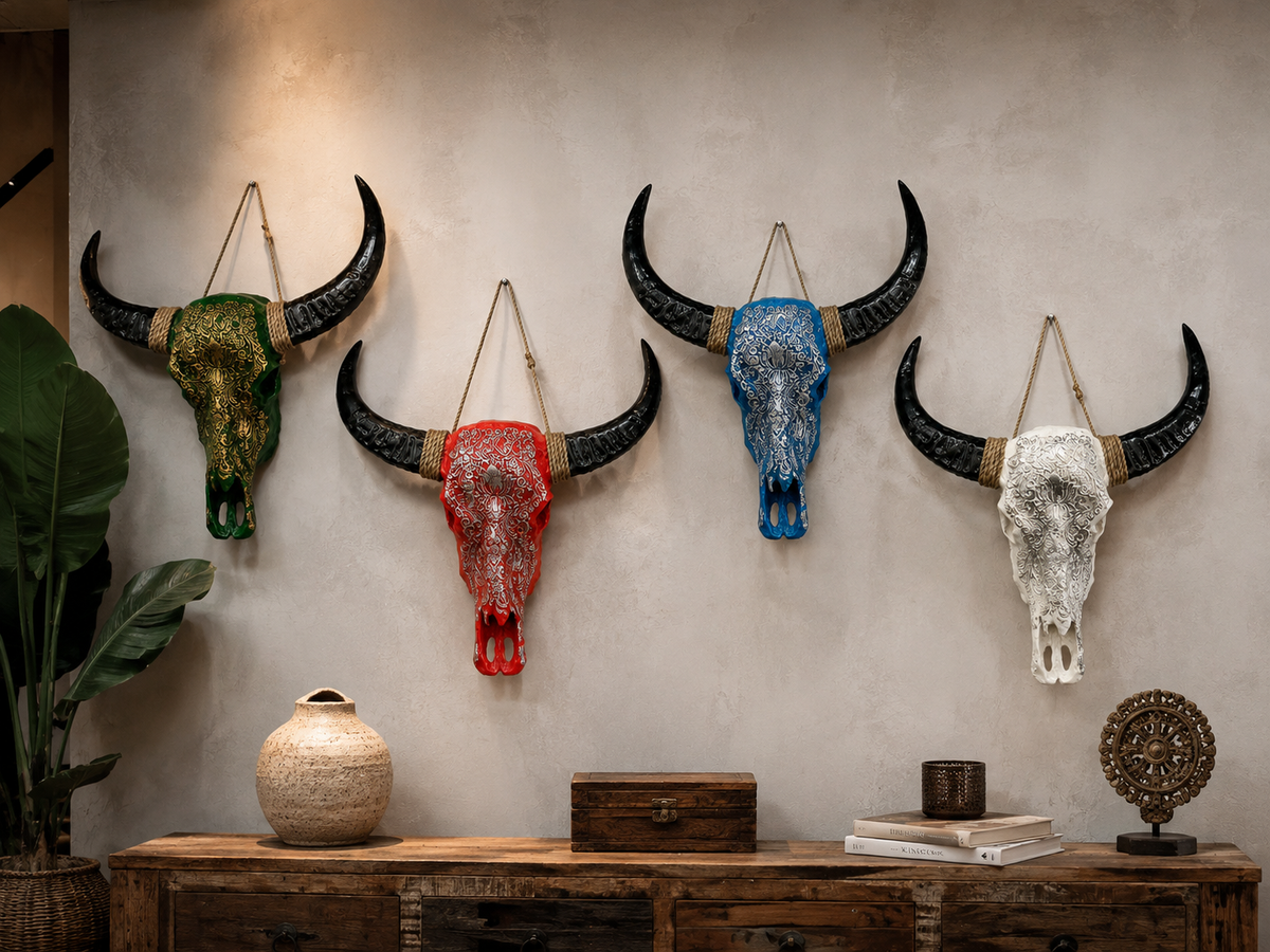 Crâne de bœuf décoratif en résine avec cornes véritables