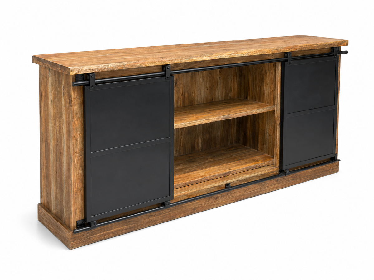 Buffet en acacia aux portes coulissantes ouvertes sur une niche centrale avec tablette