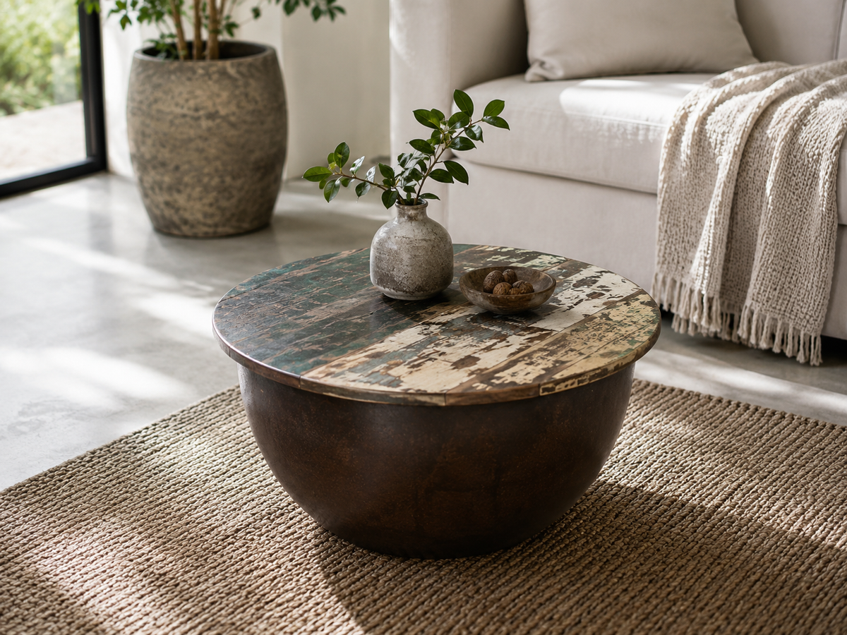 Table à café ronde Nojila, plateau en bois recyclé sur base en métal patiné, dans un salon clair