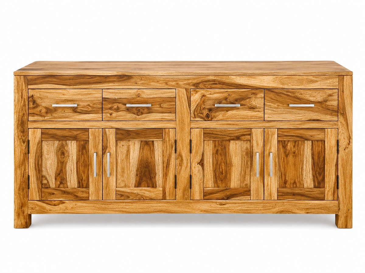 Grand buffet en bois de rose au fini miel, quatre tiroirs et quatre portes
