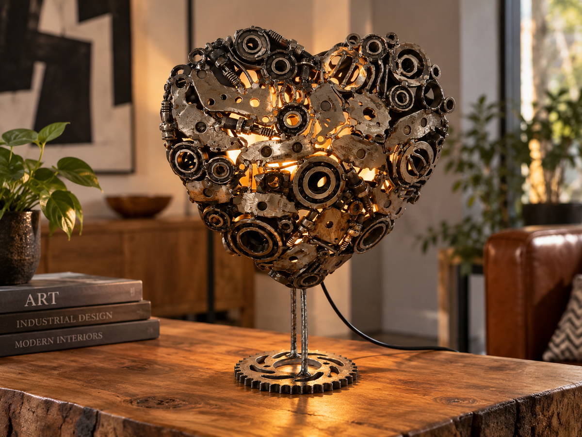 Lampe cœur en métal recyclé allumée, posée sur une table de salon