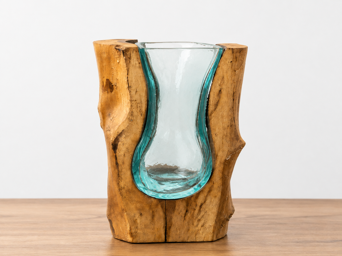 Vase en racine de teck et verre soufflé — vue de face