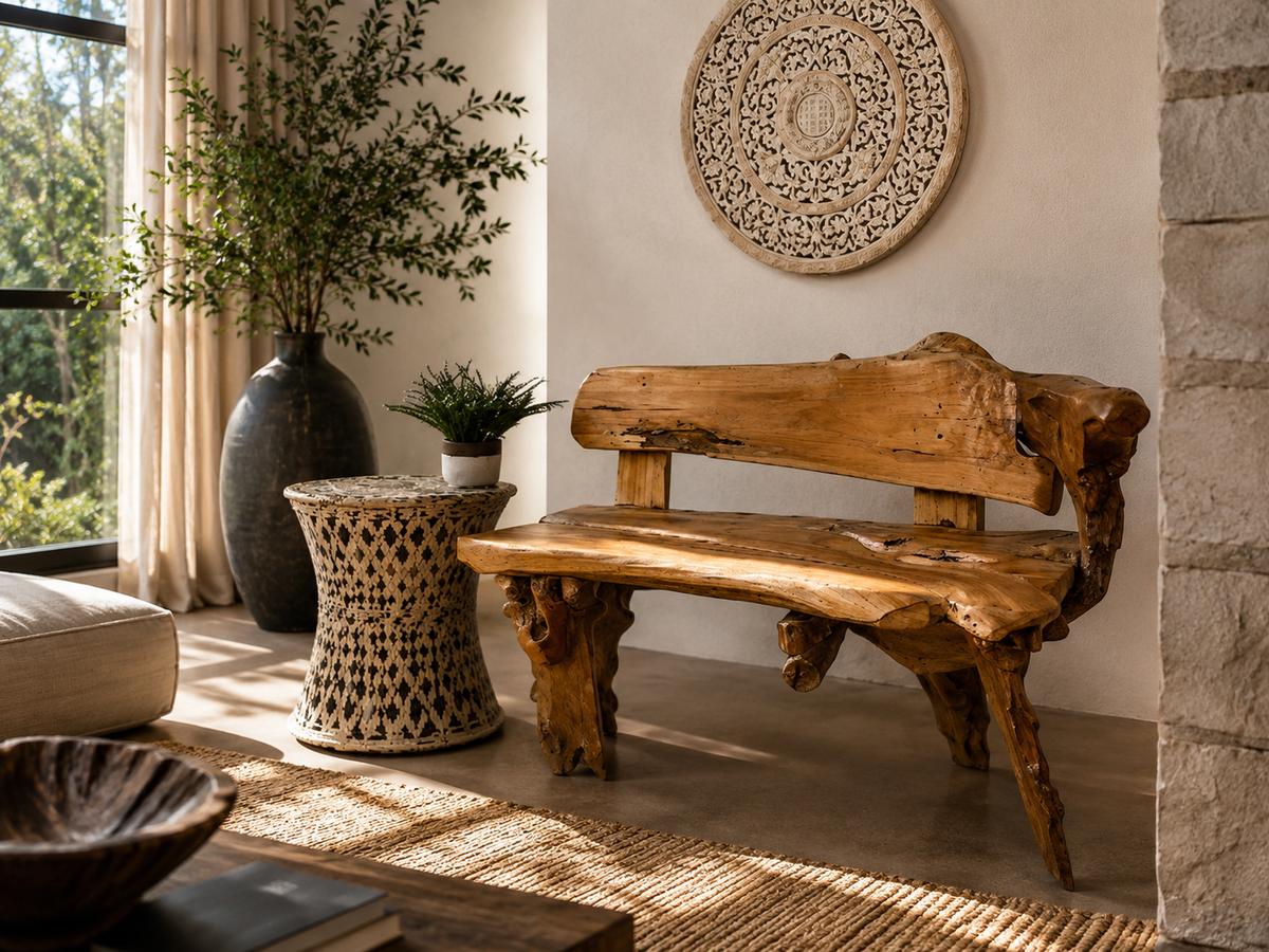Banc en racine de teck naturel aux formes organiques