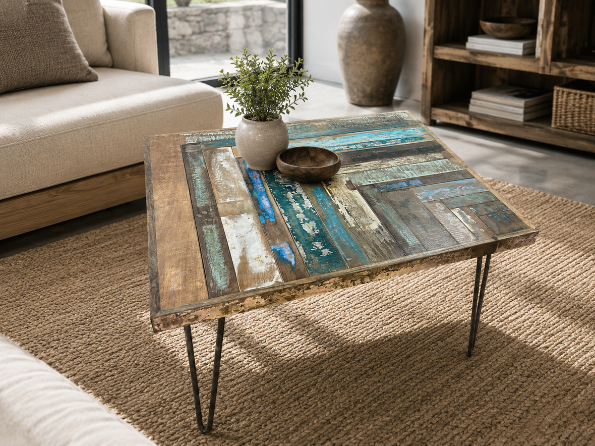 Table à café carrée en bois recyclé peint, dans un salon avec canapé beige