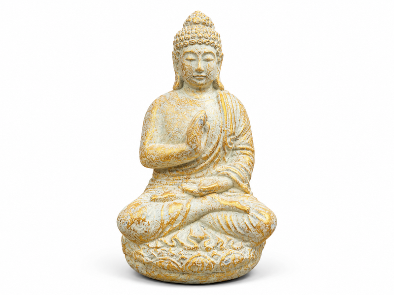 Petite statue de Bouddha assis sur un lotus, fini blanc rehaussé de doré