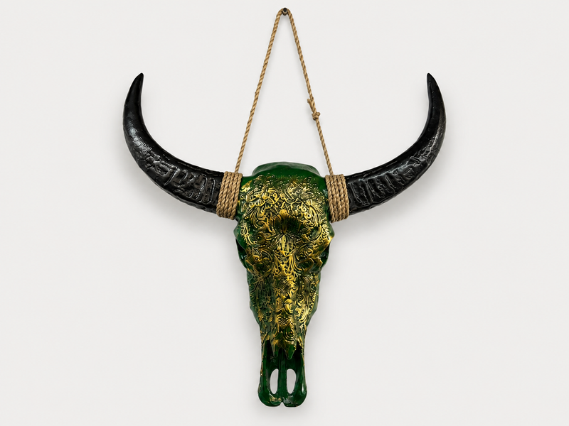 Crâne de bœuf décoratif vert à motifs peints, suspendu à une corde