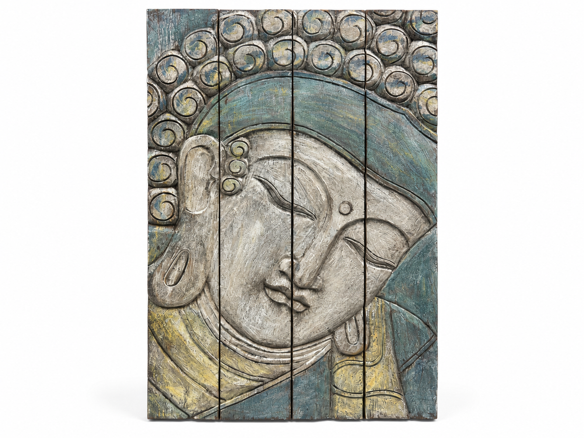 Panneau mural Bouddha au fini bleu-gris patiné, visage clair et drapé jaune