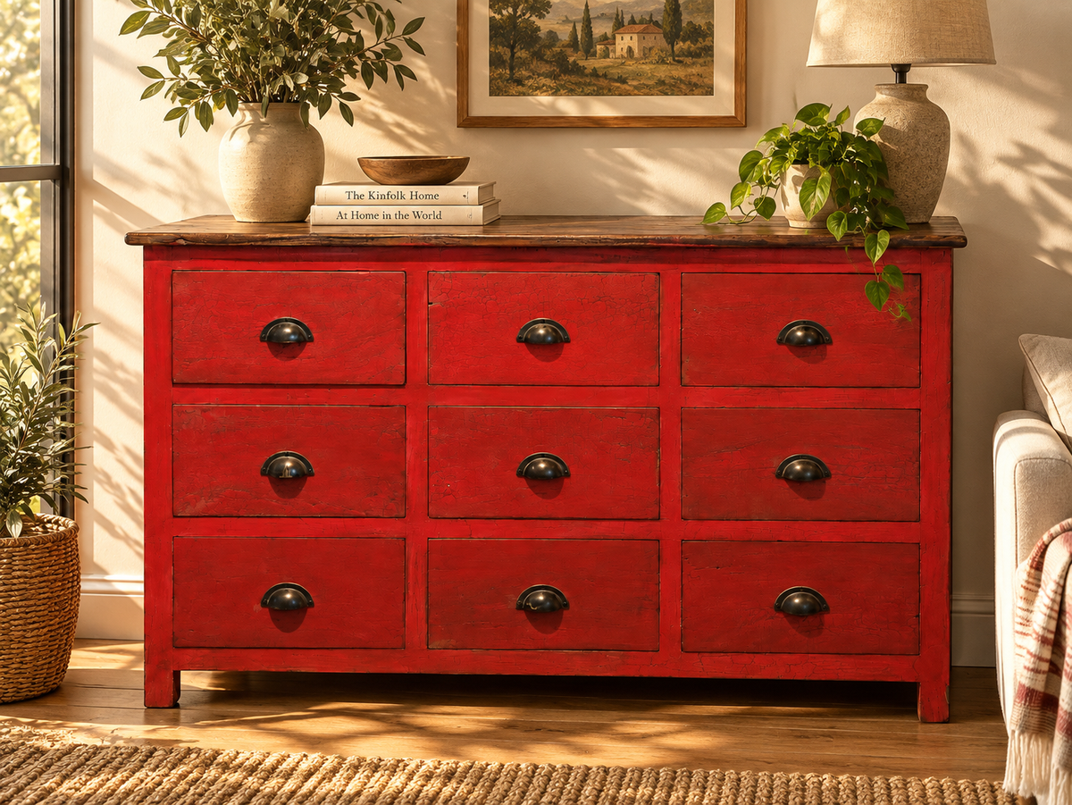 Commode 9 tiroirs peinte en rouge patiné, dans un salon avec plantes et lampe
