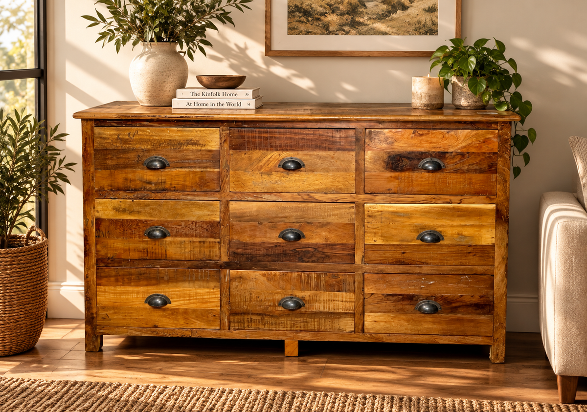 Commode 9 tiroirs en bois recyclé naturel aux planches de teintes variées, dans un salon
