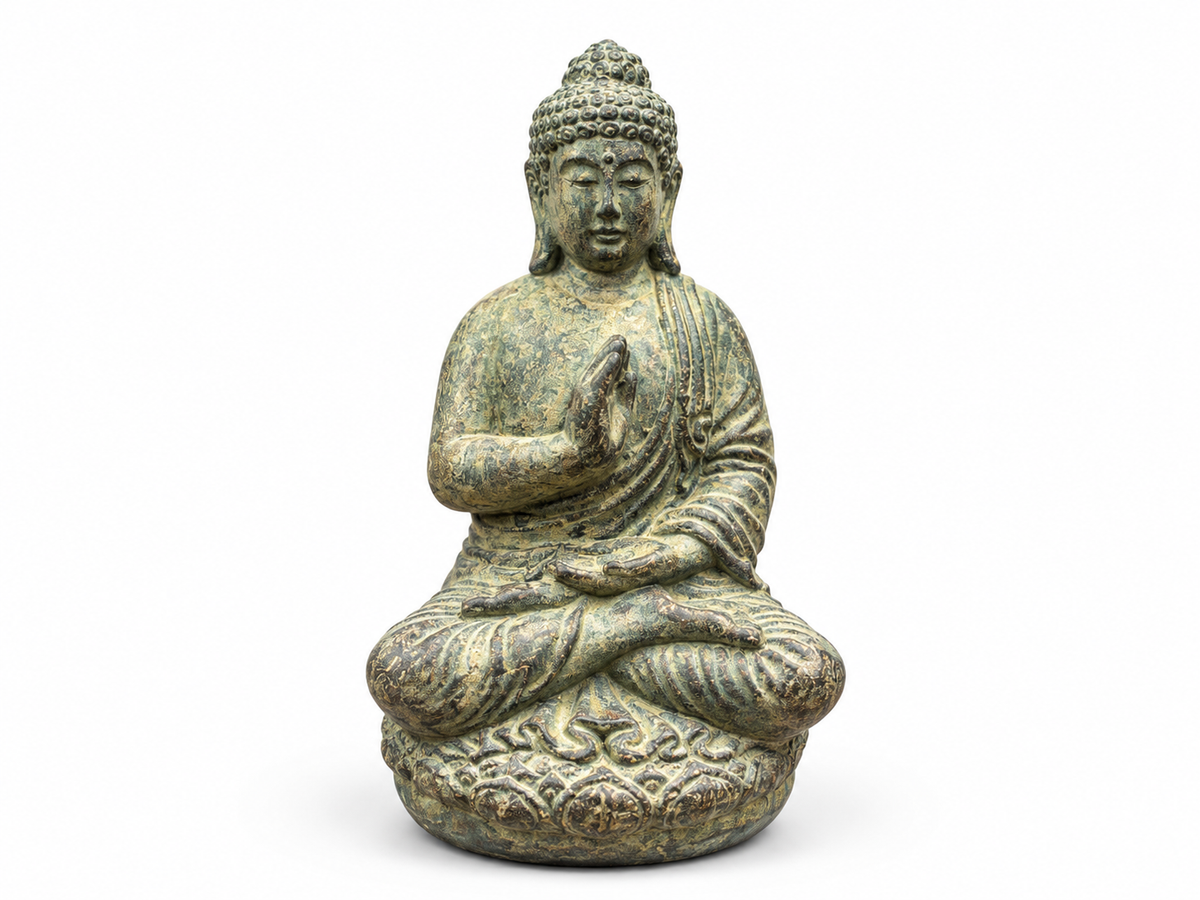 Petite statue de Bouddha assis au fini bronze patiné, main levée