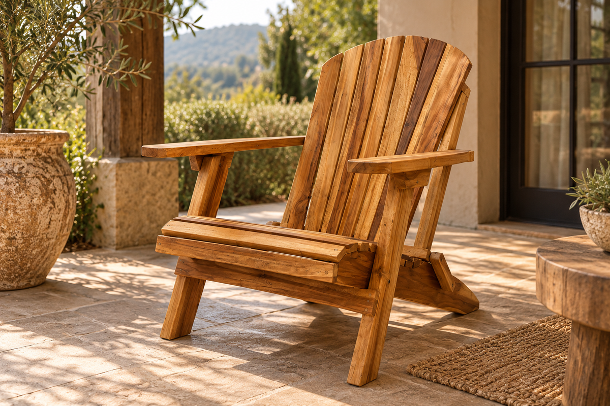 Chaise Adirondack en teck sur une terrasse ensoleillée