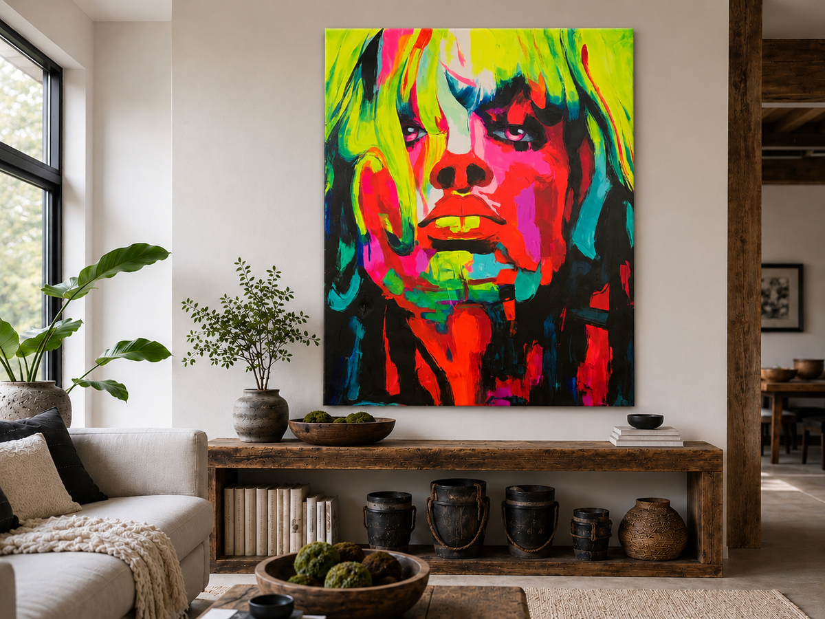Grande toile peinte au couteau, portrait de femme en couleurs fluo, accrochée au-dessus d'une console