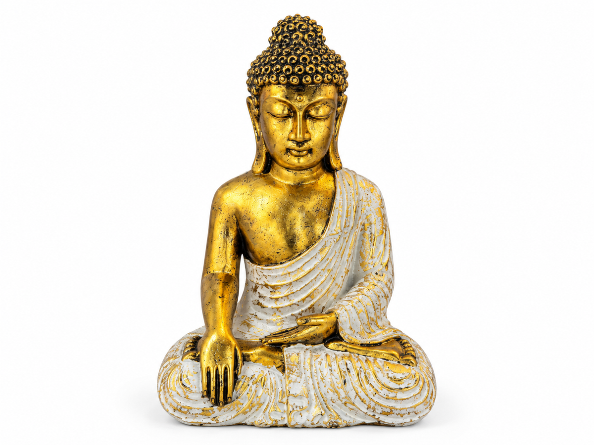 Statue de Bouddha assis en résine, drapé blanc rehaussé de doré
