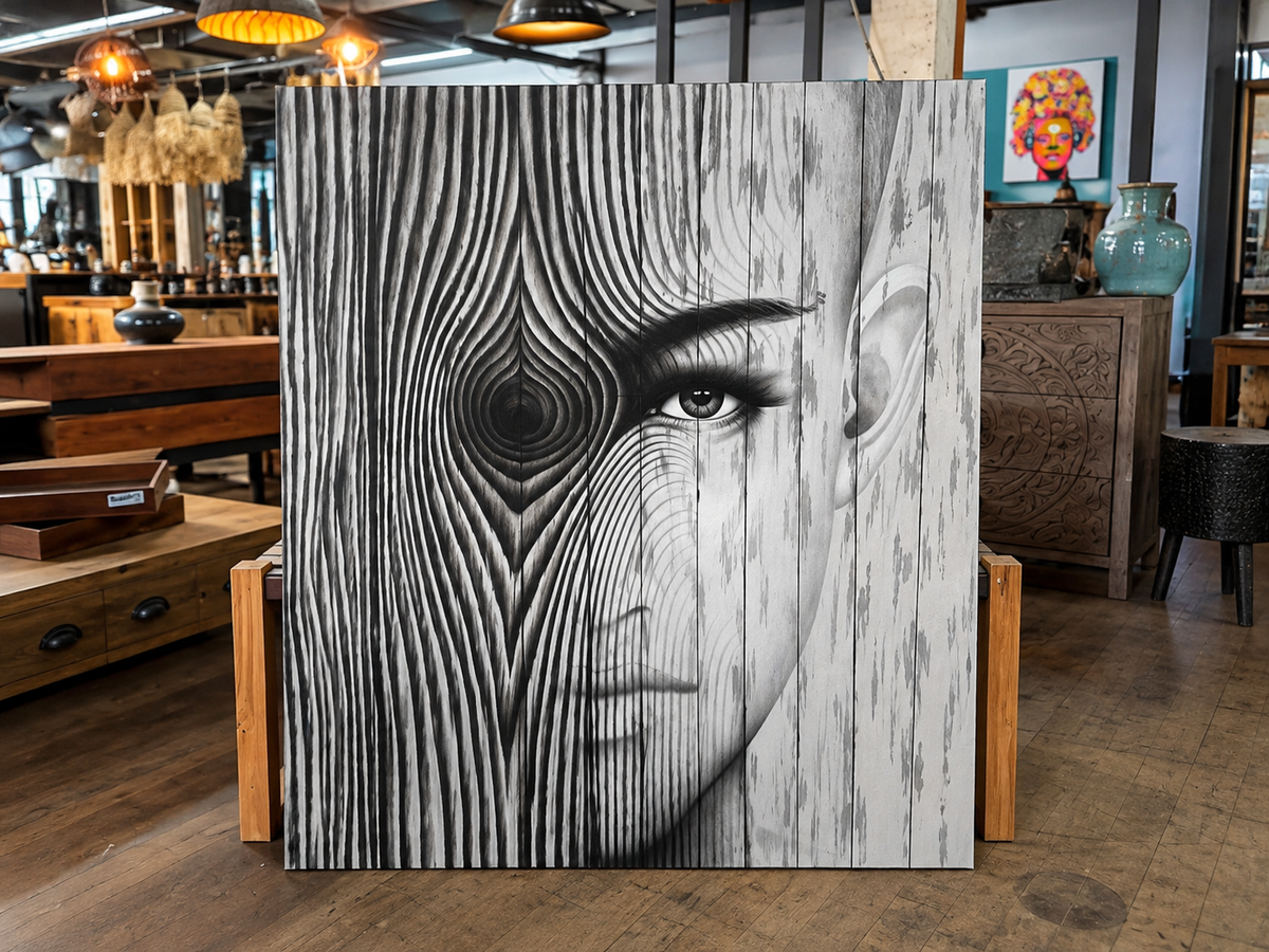 Toile peinte à la main en noir et blanc, visage de femme fondu dans un veinage de bois