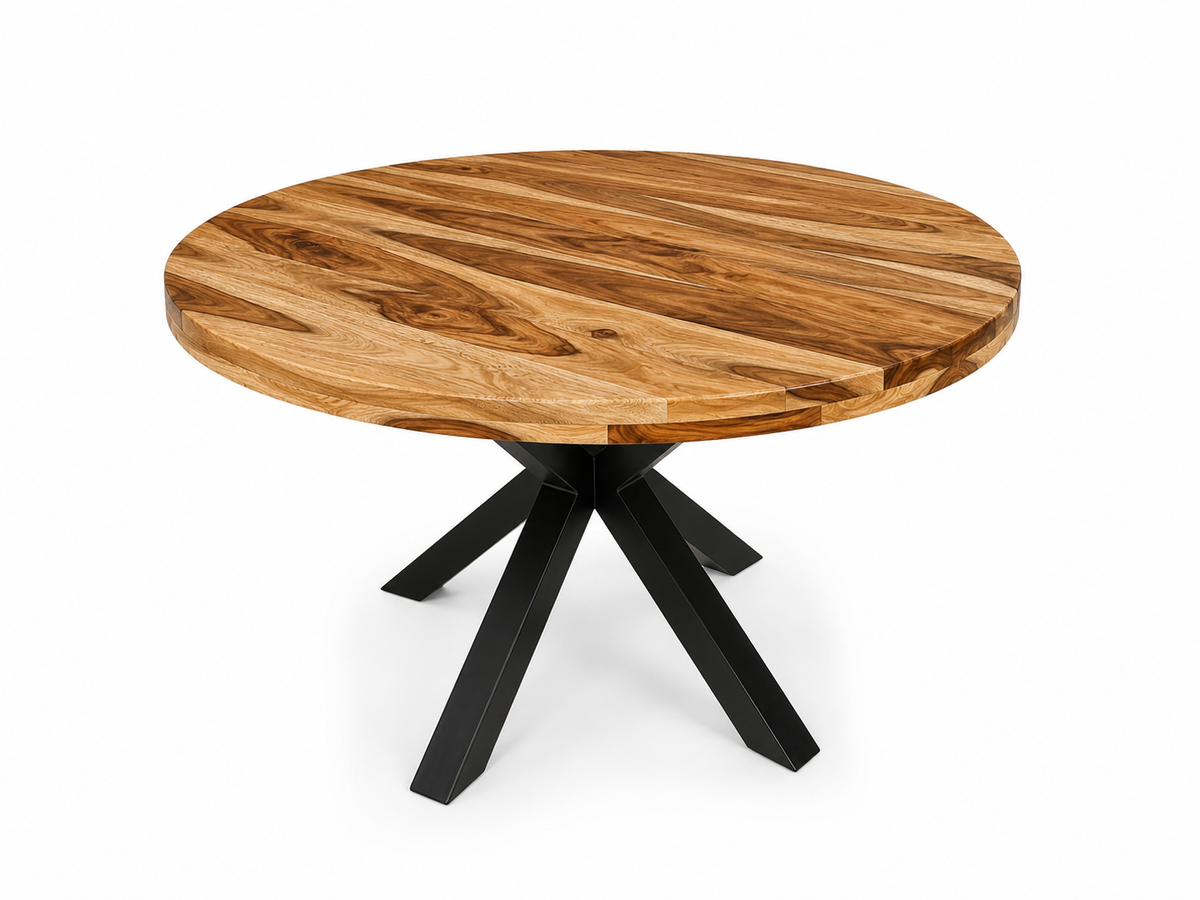 Table ronde en bois de rose au fini naturel, veines claires et brunes