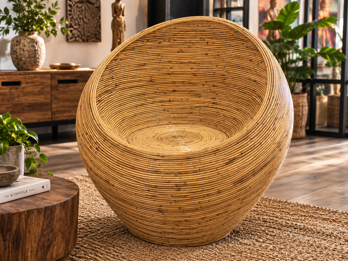 Fauteuil boule en rotin enroulé posé sur un tapis de jute dans un salon
