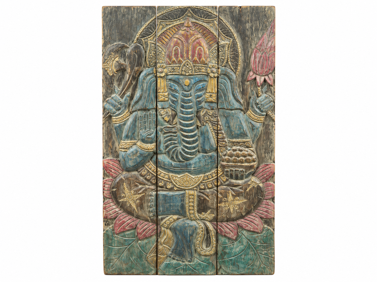 Panneau Ganesh en trois planches, figure bleue sur lotus rose et feuillage vert