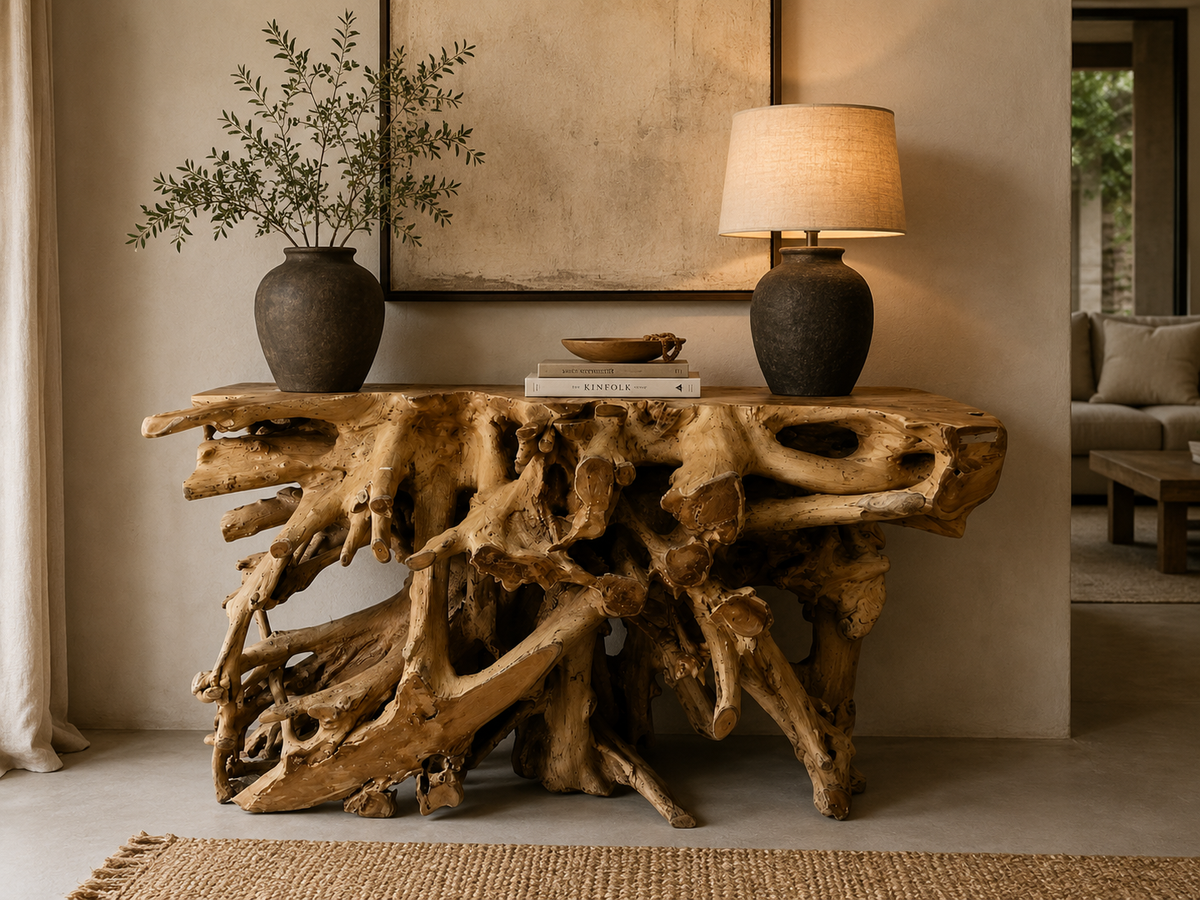Console en racine de teck naturel aux formes organiques